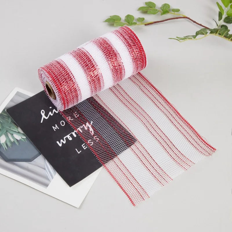 10Yards Christmas Red White Mesh Candy Cane Decoration Tulle Roll DIY Xmas Tree Ribbon Wreath Bow Wrapping Party New Year Gift