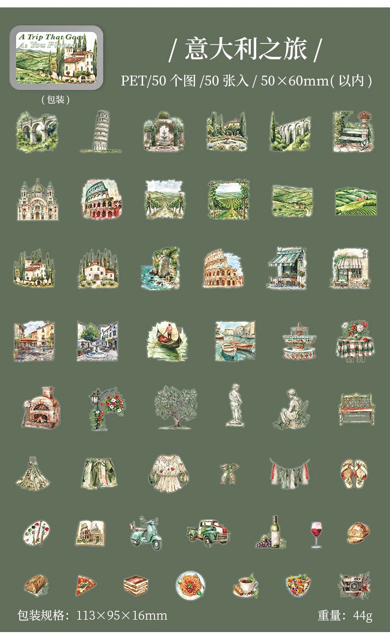 50pcs，Travel Scenery Themed Stickers Pack, Scrapbook Stickers，Perfect for Notebook Phone Case Diary Deco，Stationery  Supplies