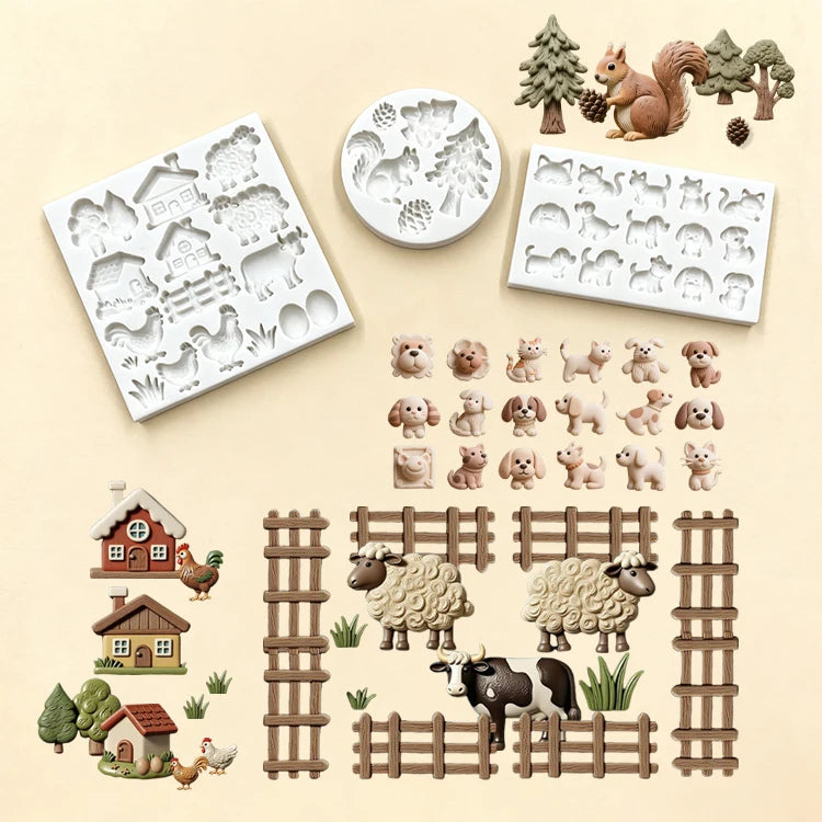 Farm House Animals Silicone Molds Squirrels Cats Dogs Chickens Cattle Sheep Diy Baking Tools Cake Decoration Accessories
