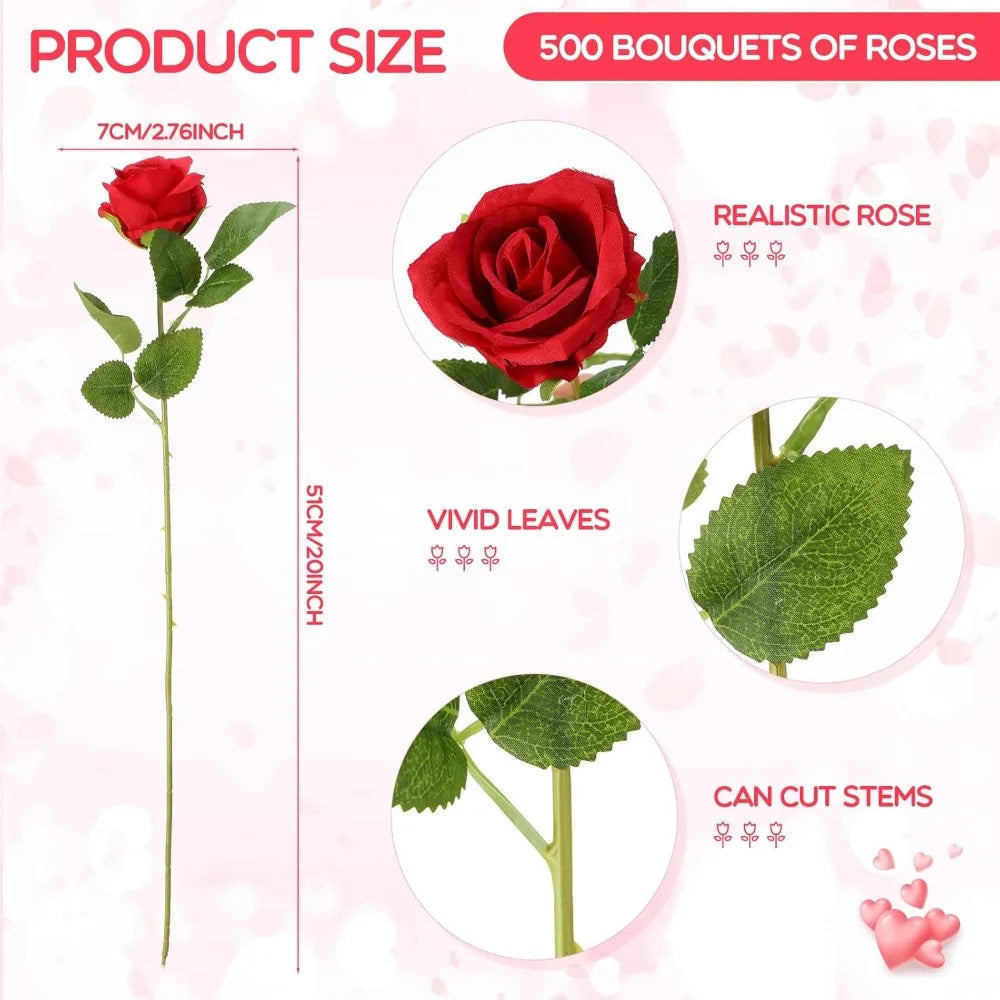 500 Pcs Artificial Silk Roses with Long Stems for Wedding Bouquet Home Party Decoration Gifts (Red)