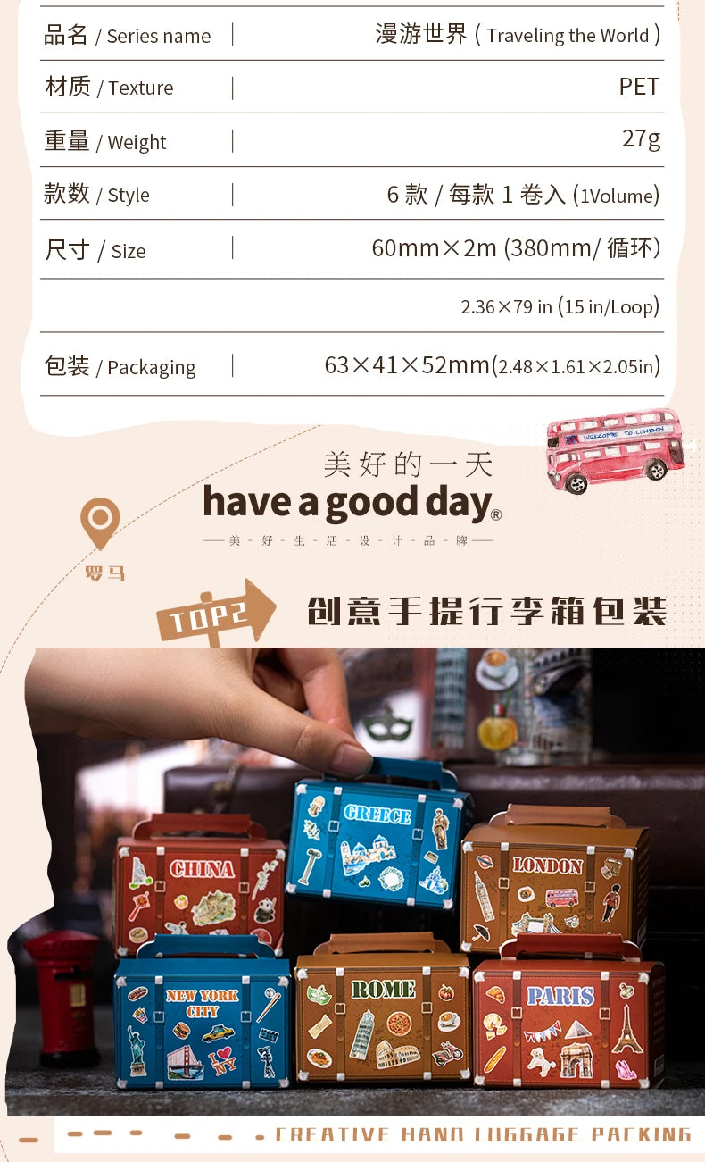 60mm*2m PET Tapes World Travel DIY Scrapbooking Decor Photo Album Collage Junk Journal Materials Aesthetics Stickers