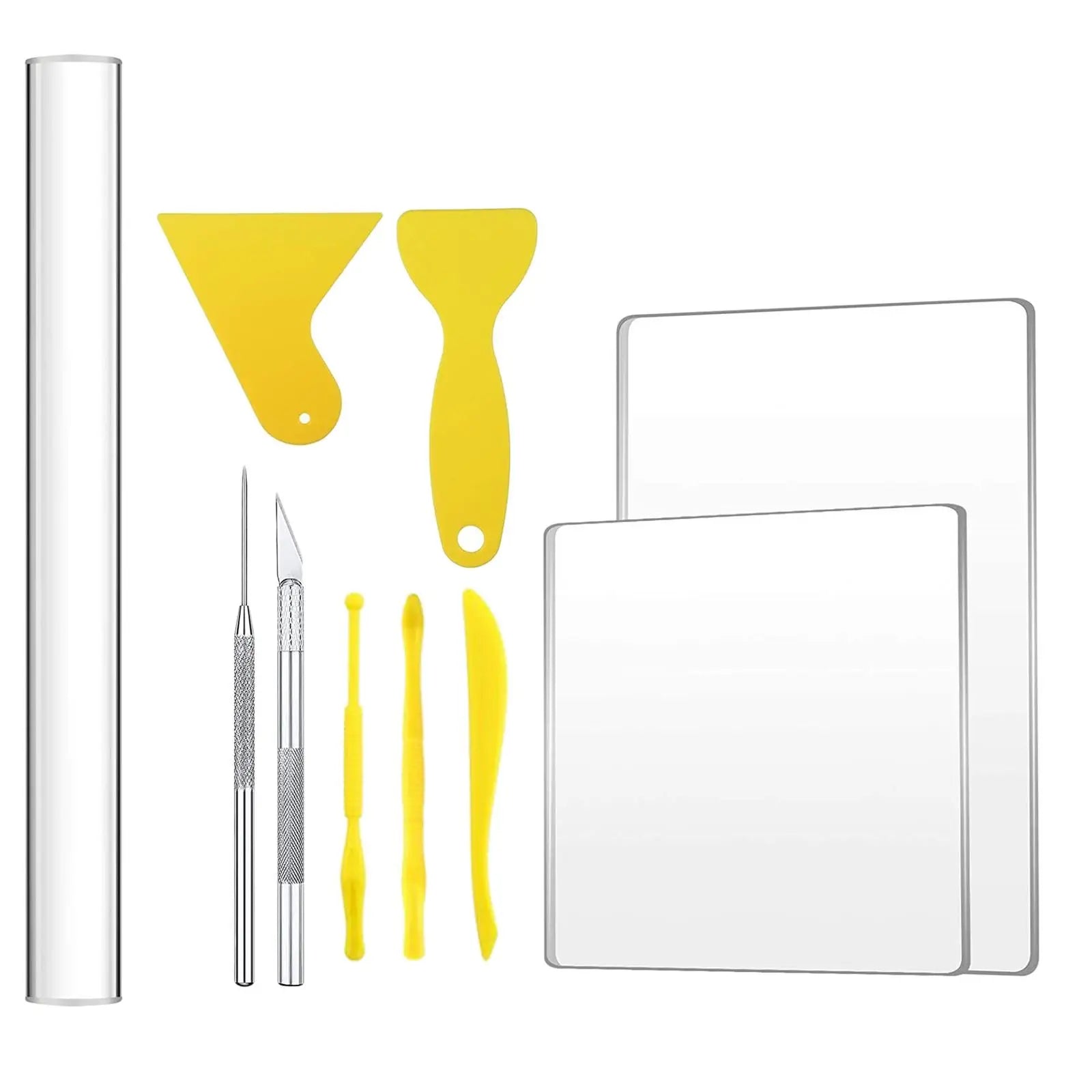 10x Acrylic Clay Roller with Acrylic Sheet Backing Board Assisted Shovel Rubber Clay Tools Hand-Made DIY Clay Tool Materials