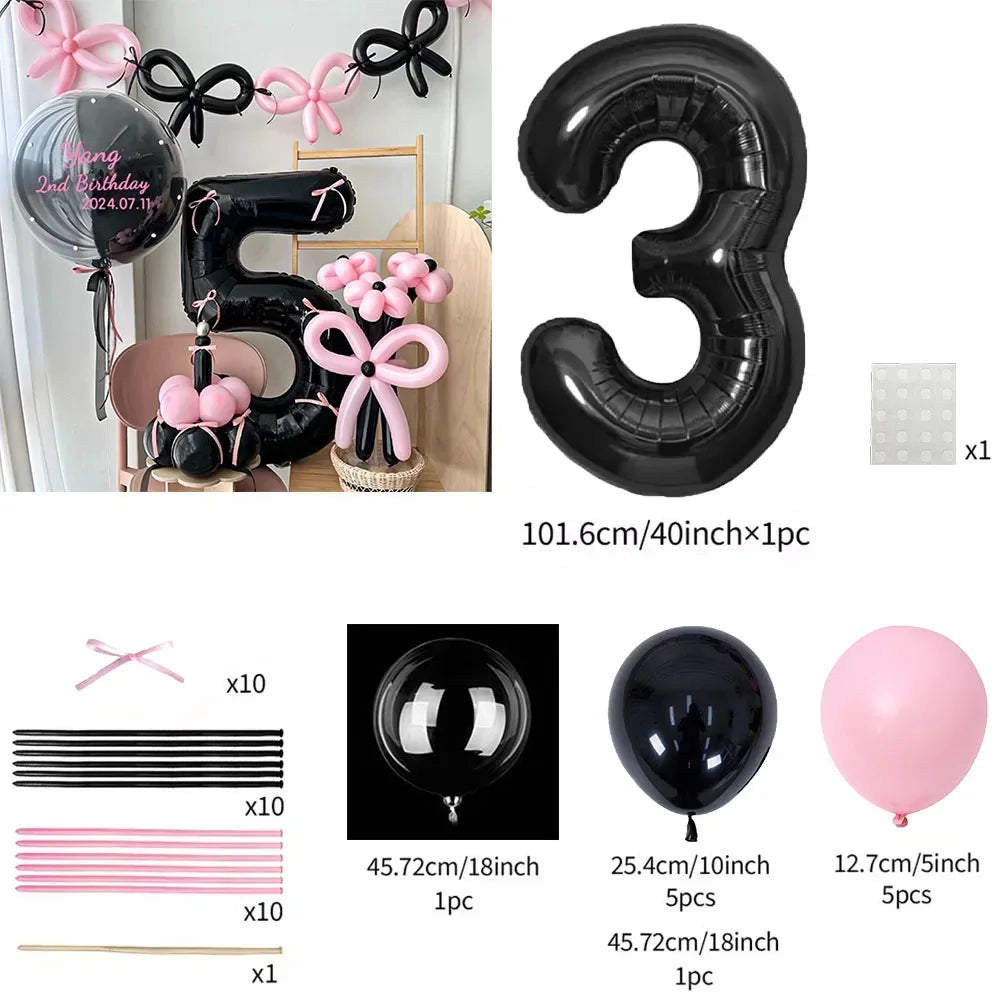 45 Pieces Pink Latex Balloon Black Number Balloon Set  for Girls Pink Butterfly Birthday Party, Anniversary Decoration (0-9)