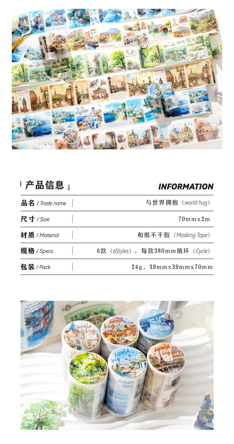 6style 7*200cm Travelling The World Buildings Washi Tape DIY Scrapbooking Collage Junk Journal Sticker Label Masking Tape