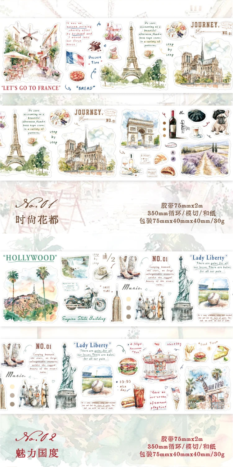 Journal GO 7.5x200cm Decorative Adhesive Washi Tape Romantic Travel Junk Journal DIY Masking Tape Scrapbooking Stickers