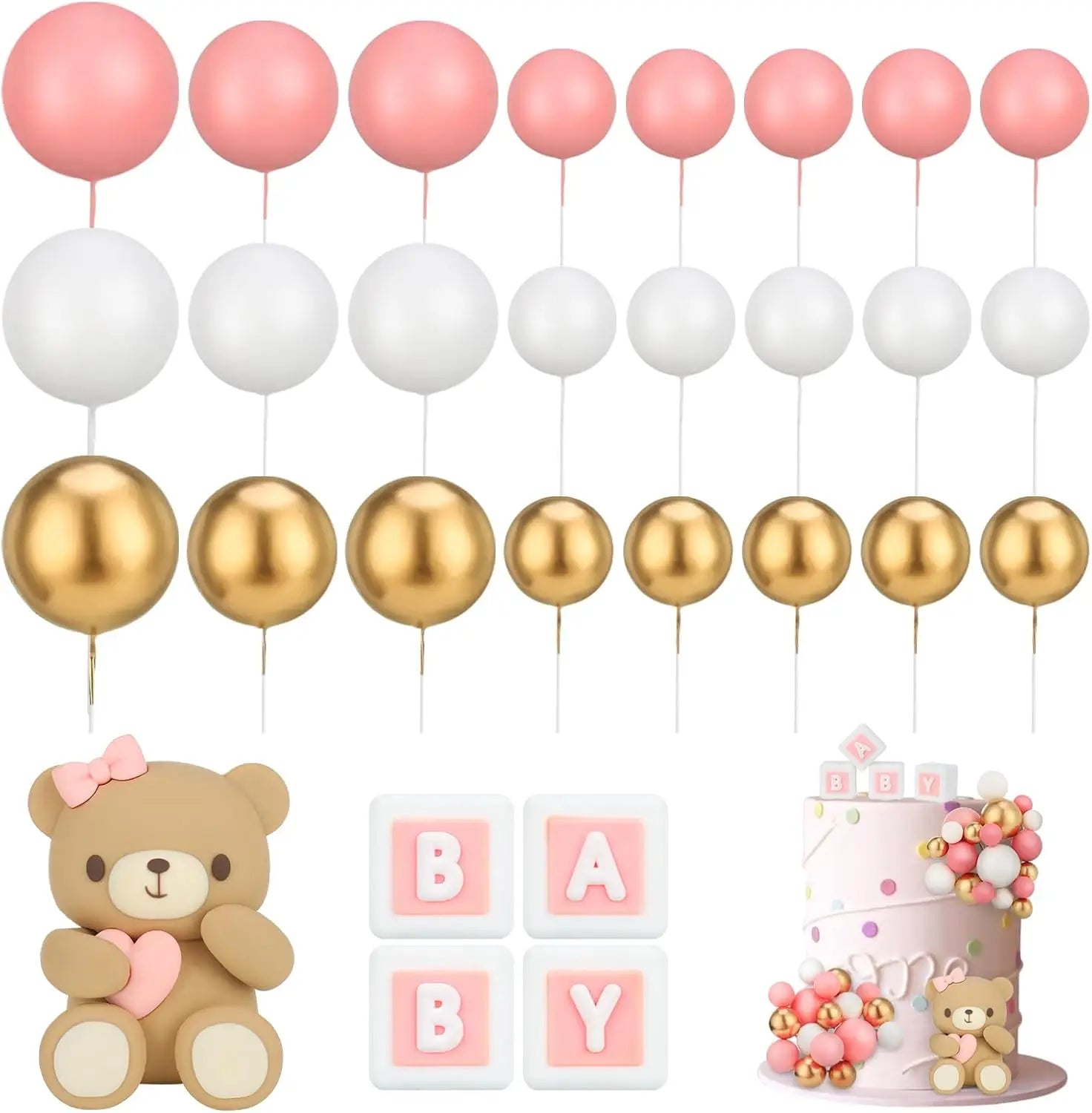 Luxury Teddy Bear Cake Decoration Bear Birthday Cake Topper With Bow for Baby Shower Girl's Birthday Party Supplies