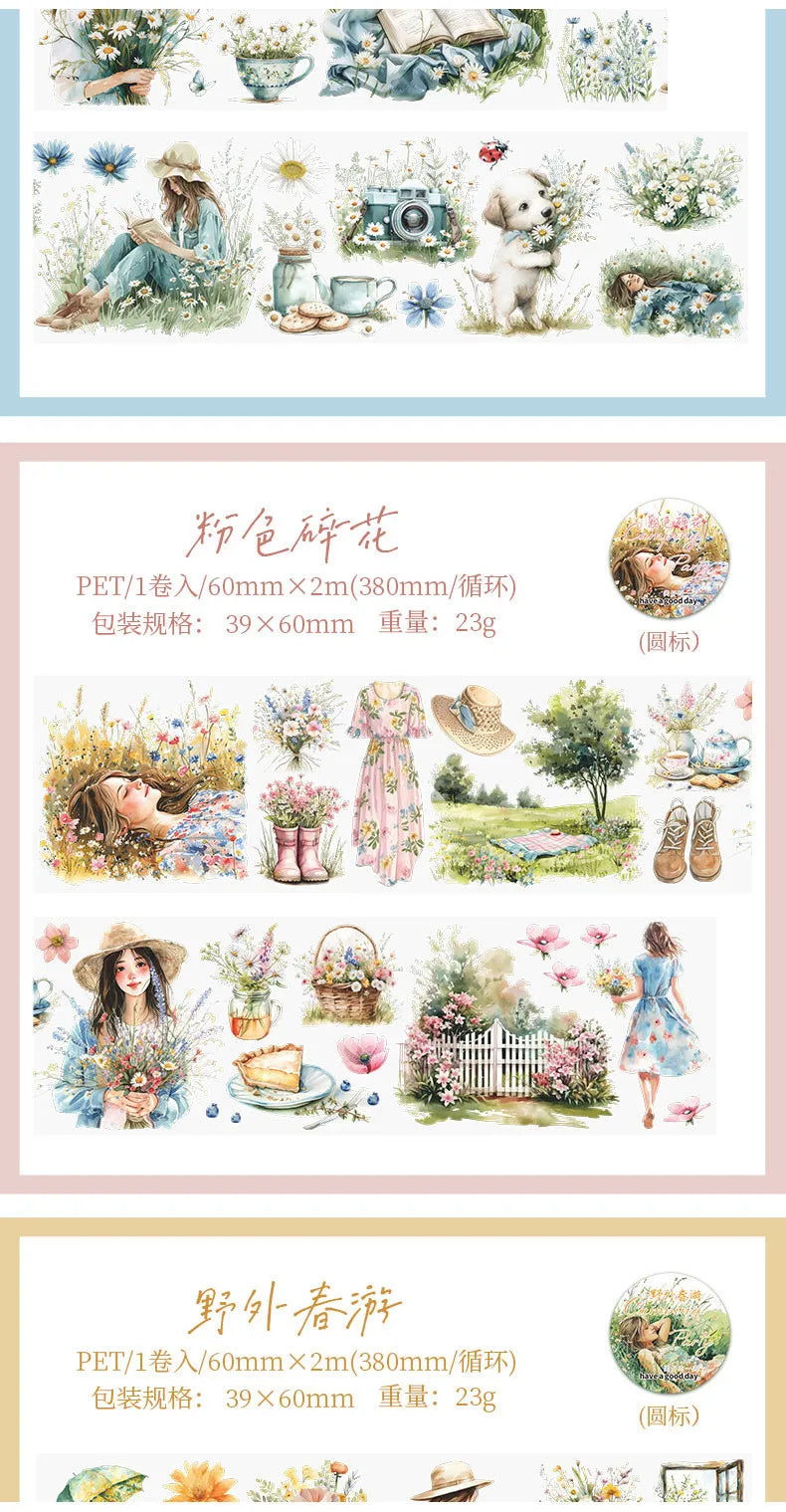 Journamm 60mm*2m Transparent PET Aesthetic Tape Flower Tape Decor Junk Journal DIY Scrapbooking School Supplies Collage Tapes