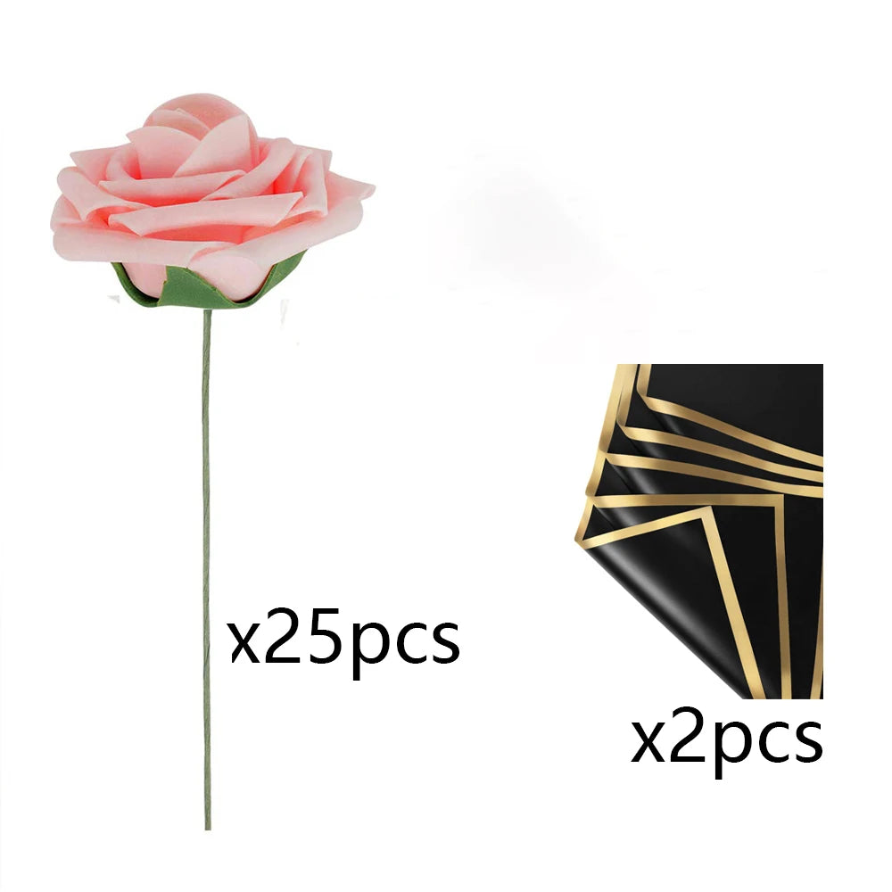 Red Rose Artificial Flowers DIY Bouquets 25PCS Set PE Roses Fake Flower for Wedding Party Centerpieces Decor Valentines Gifts