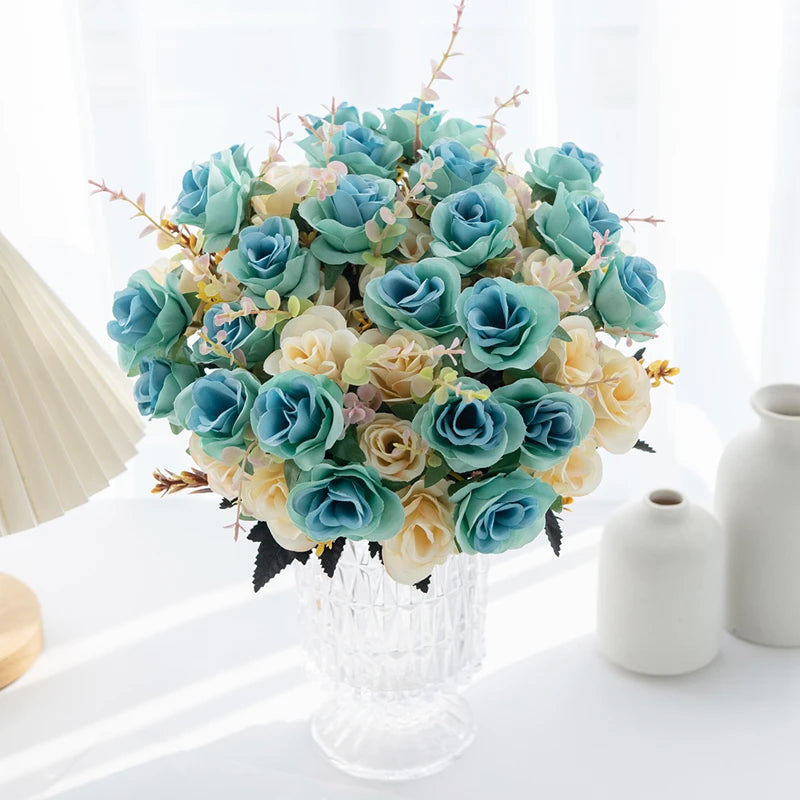 12 Heads Artificial Flowers Silk Mini Roses with Leaf Bouquet for Home Hotel Wedding Christmas Tables Decorations Bridal Bouquet