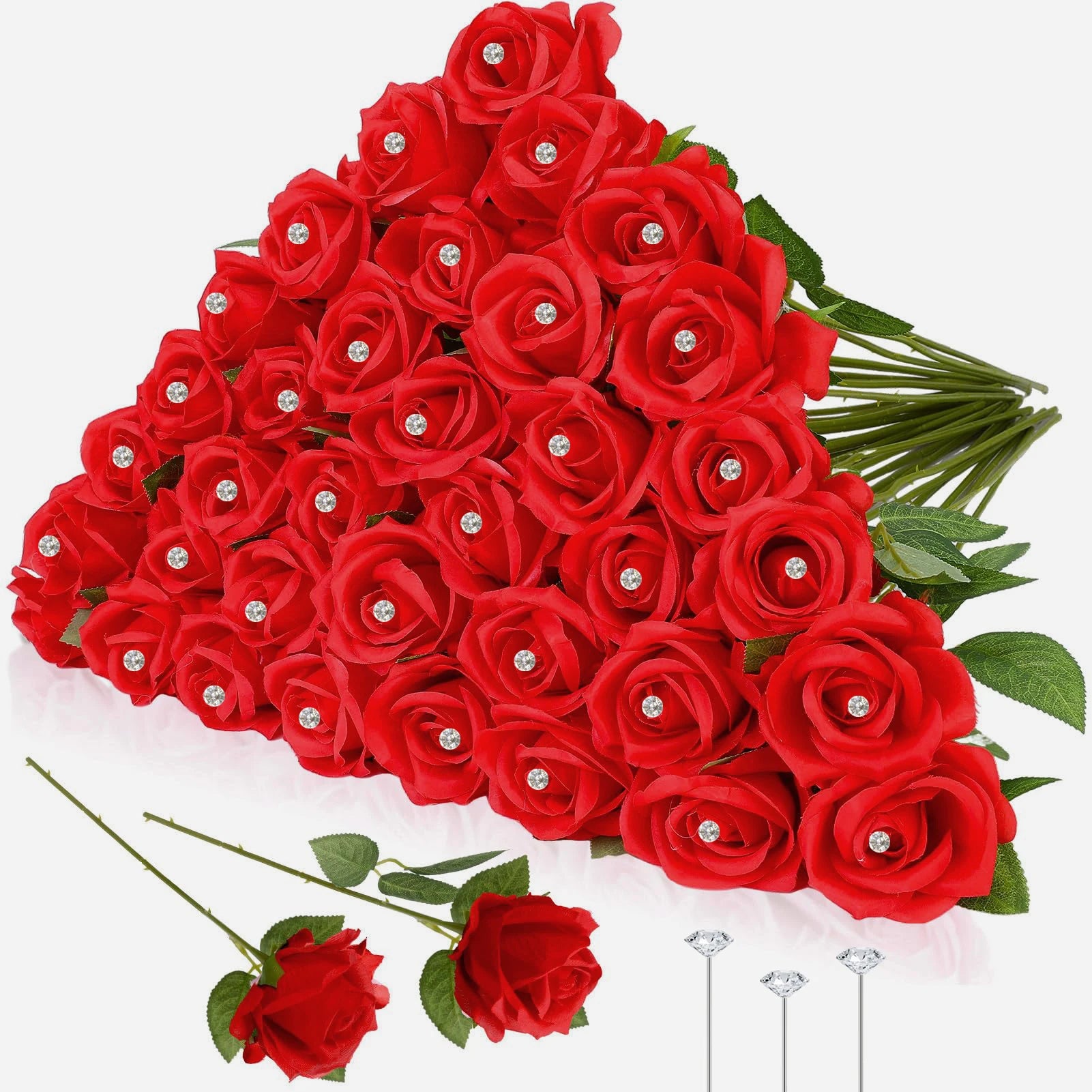 12-200Pcs Artificial Rose Flower Silk Roses with Diamond Valentine's Day Gift Fake Roses Red Roses for DIY Wedding Party Decor