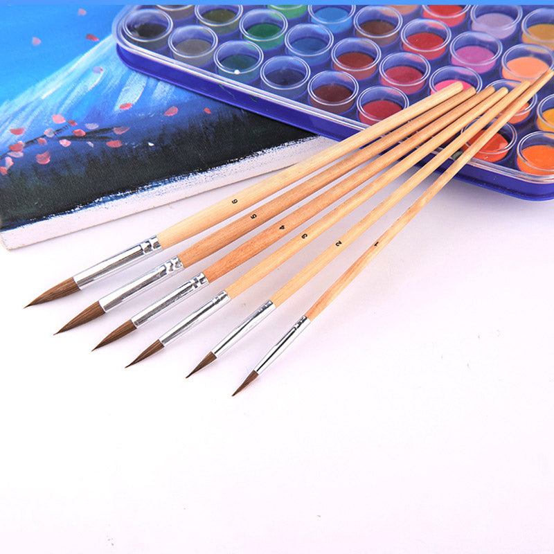6pcs/Set,weasel hair circular head short wood rod brush watercolor brush painting pen acrylic oil painting brush art supplies