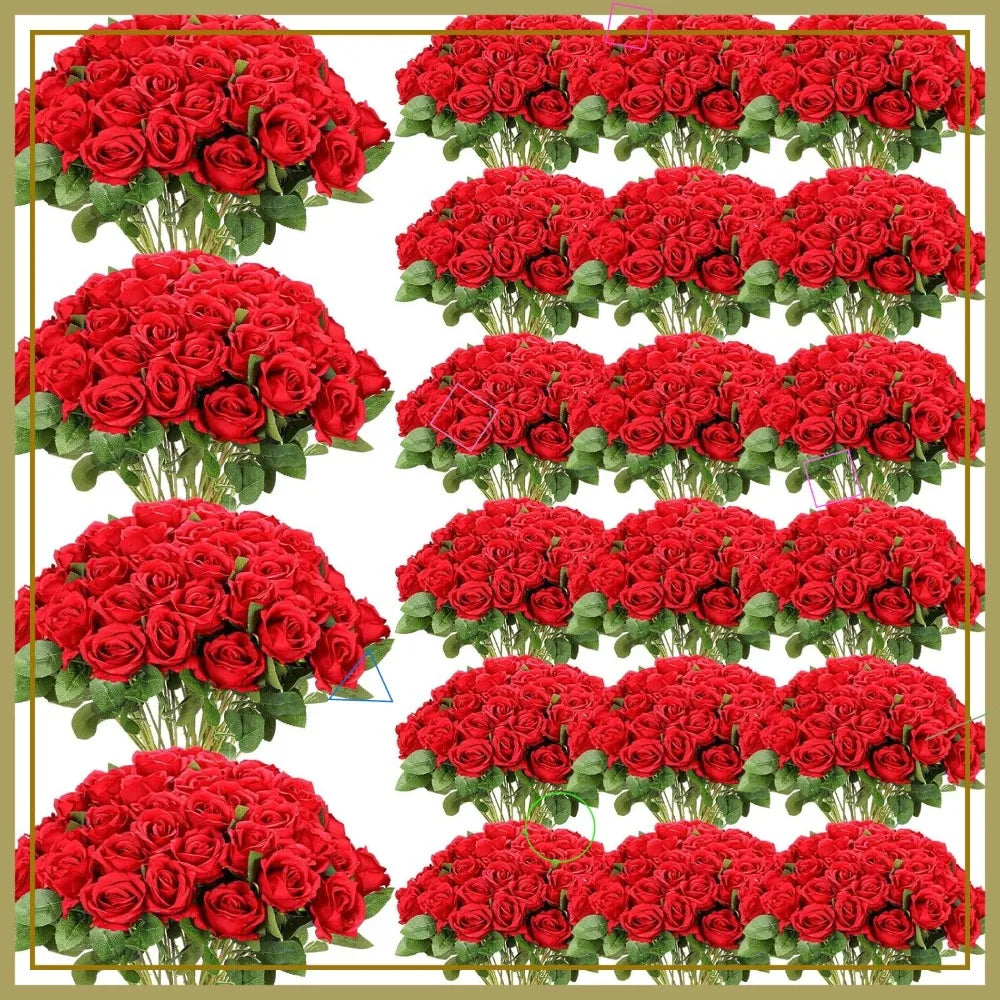 500 Pcs Artificial Silk Roses with Long Stems for Wedding Bouquet Home Party Decoration Gifts (Red)