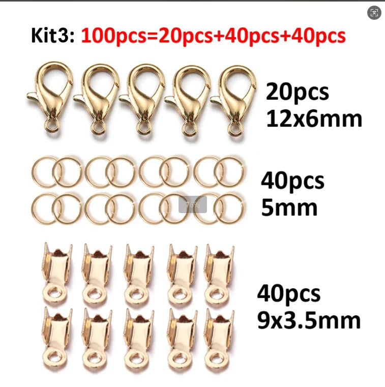 100pcs Jewelry Making Kit Components Lobster Clasp Jump Rings Connector Crimp End Beads for DIY Bracelet Necklace Chains