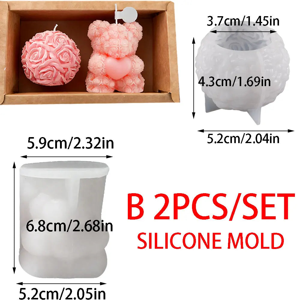 4 Style 2pcs Set Valentine's Day Teddy Bear Silicone Candle Mold Romantic Rose Heart Flower Gypsum Soap Making Tool DIY Souvenir