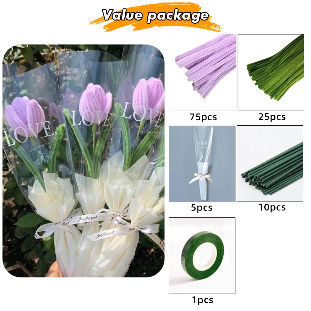 Chenille Stems Flower Craft Kit , 100pcs Pipe Cleaners for Craft, DIY Art Creative Crafts for Weddings Birthday Party Gifts