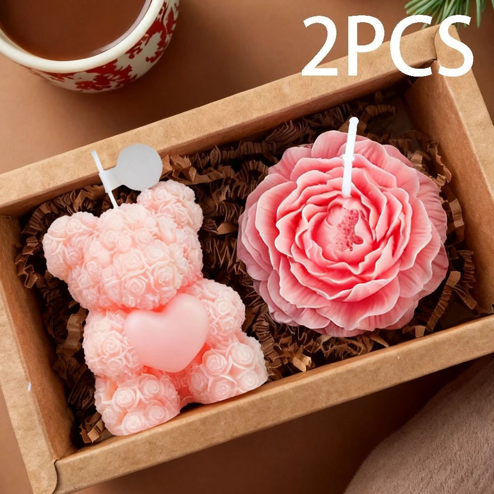 4 Style 2pcs Set Valentine's Day Teddy Bear Silicone Candle Mold Romantic Rose Heart Flower Gypsum Soap Making Tool DIY Souvenir