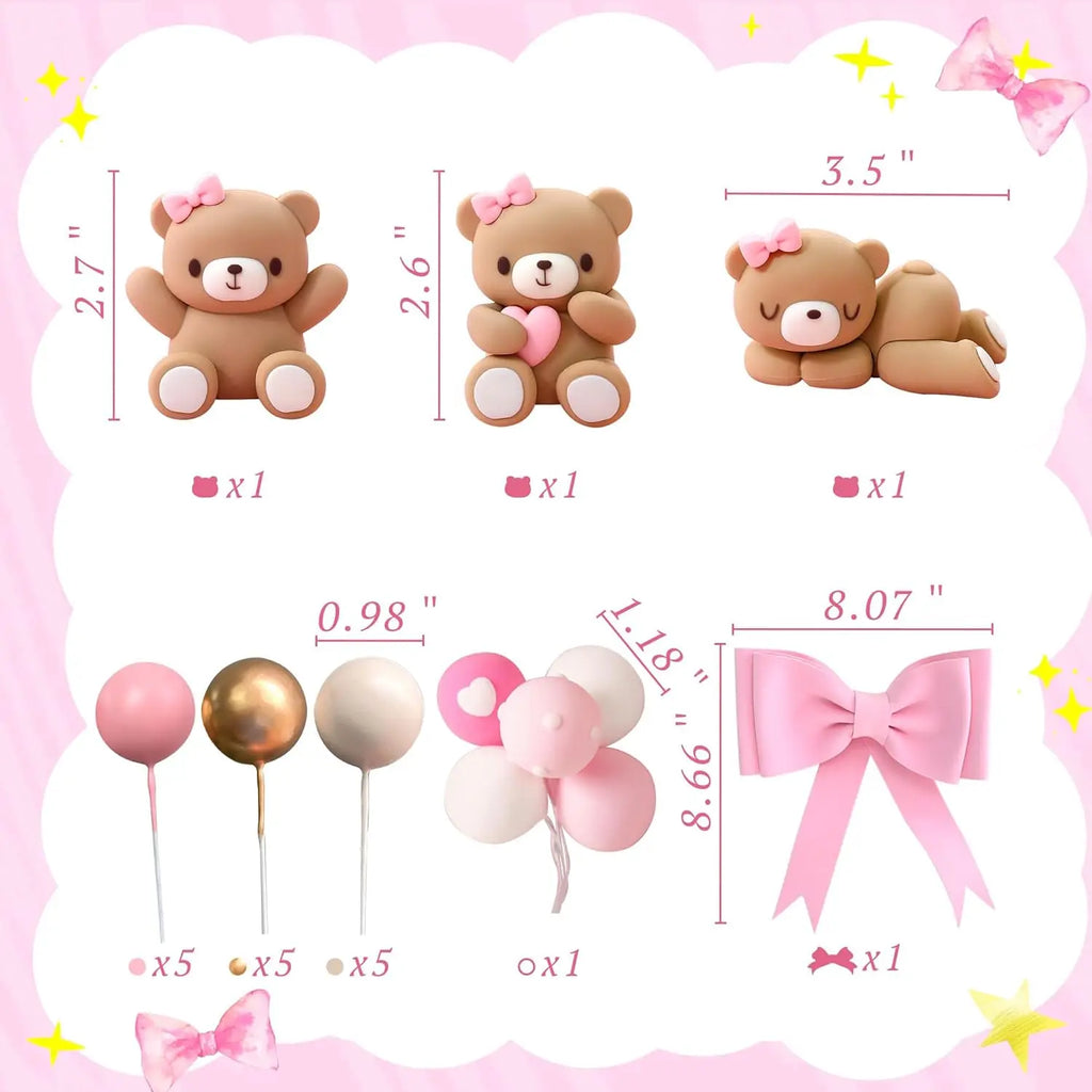 Luxury Teddy Bear Cake Decoration Bear Birthday Cake Topper With Bow for Baby Shower Girl's Birthday Party Supplies