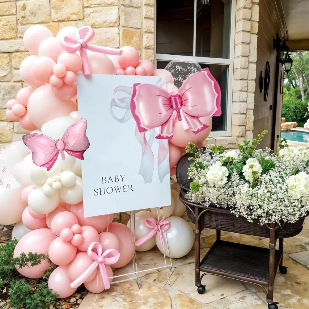 Bow Balloons, Light Baby Pink White Clear Pastel Balloons with Bow Foil Balloon for Girl Princess Bridal Birthday Party Supplies