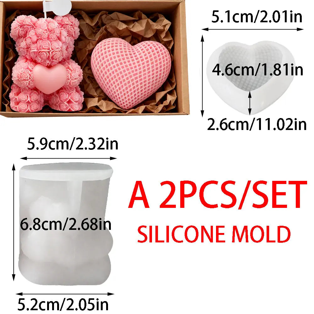 4 Style 2pcs Set Valentine's Day Teddy Bear Silicone Candle Mold Romantic Rose Heart Flower Gypsum Soap Making Tool DIY Souvenir
