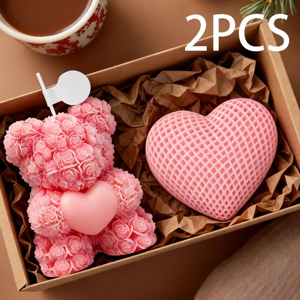 4 Style 2pcs Set Valentine's Day Teddy Bear Silicone Candle Mold Romantic Rose Heart Flower Gypsum Soap Making Tool DIY Souvenir