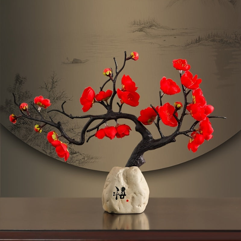 1pc, Chinese Style Artificial Potted Plum Blossom, Fake Bonsai Flowers, Faux Plants Indoor Outdoor For Dinner Table, Office Desk, Garden Table, Home Decor, Room Decor, Spring Festival Decor