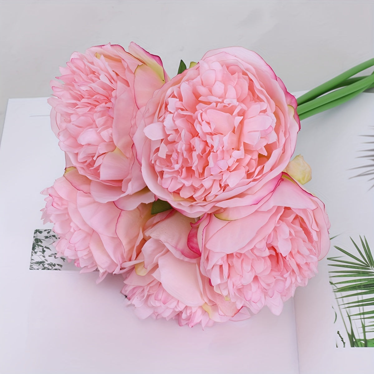 1 Bunch of 5 Handmade Peonies - Pink Artificial Flowers for Home Decor, Wedding Decorations, and Photography Props, Realistic Polyester Fabric, Perfect for Vases or Table Centerpieces, Seasonal Decoration | Realistic Floral A
