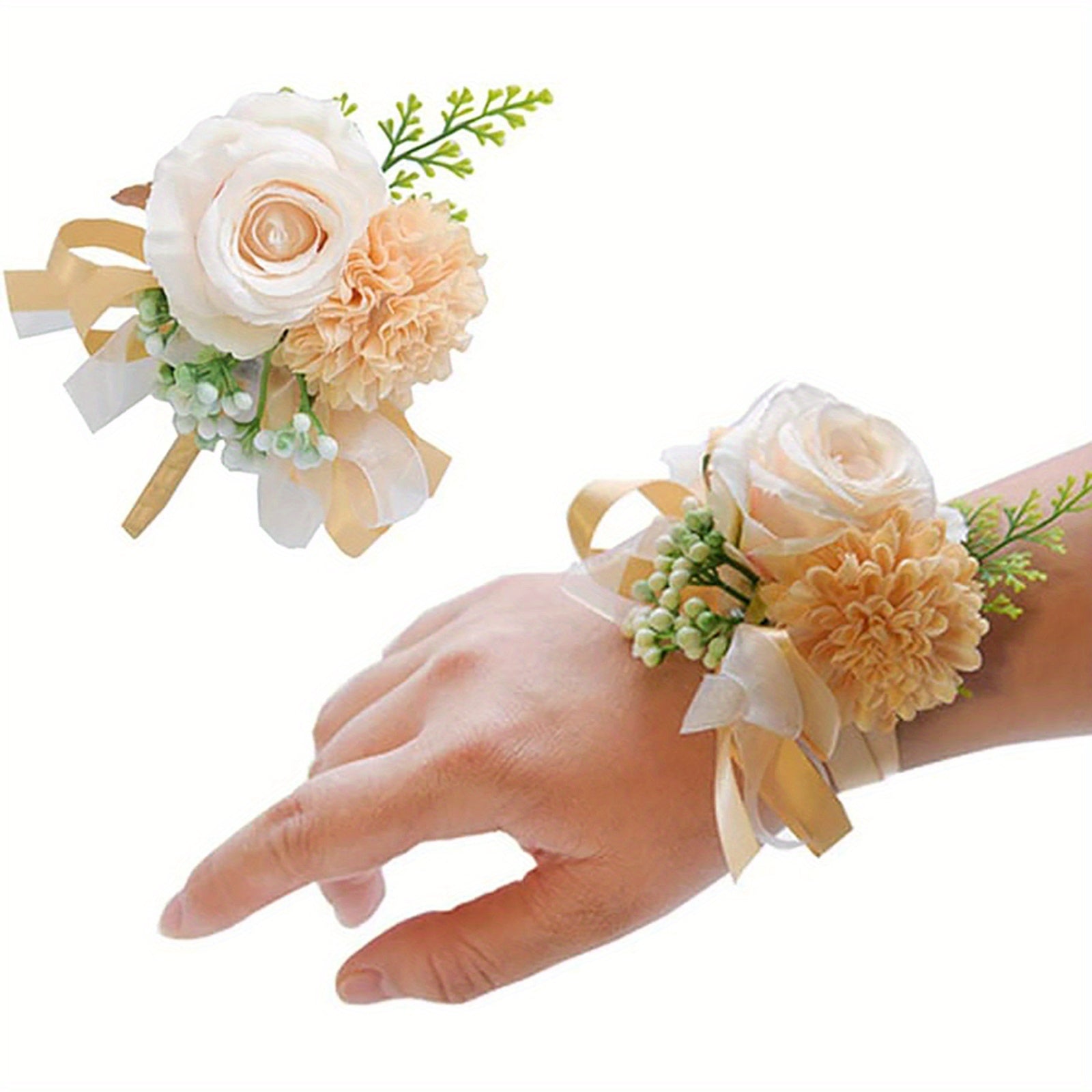 2pcs, Artificial Rose and Carnation Wrist Corsage Set for White Wedding and Prom Decorations