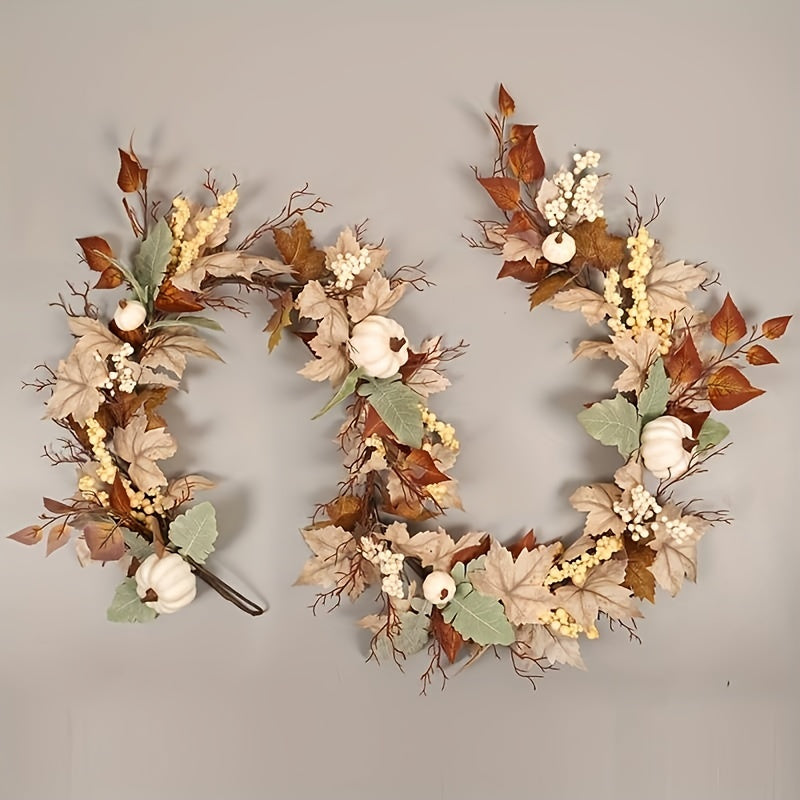1pc, Fall Pumpkin Garland, 71.1 Inch Artificial Maple Leaf Pumpkin Berry Rattan Wreath With Pumpkins Maple Leaves Wreath For Wedding Thanksgiving Table Farmhouse Decor