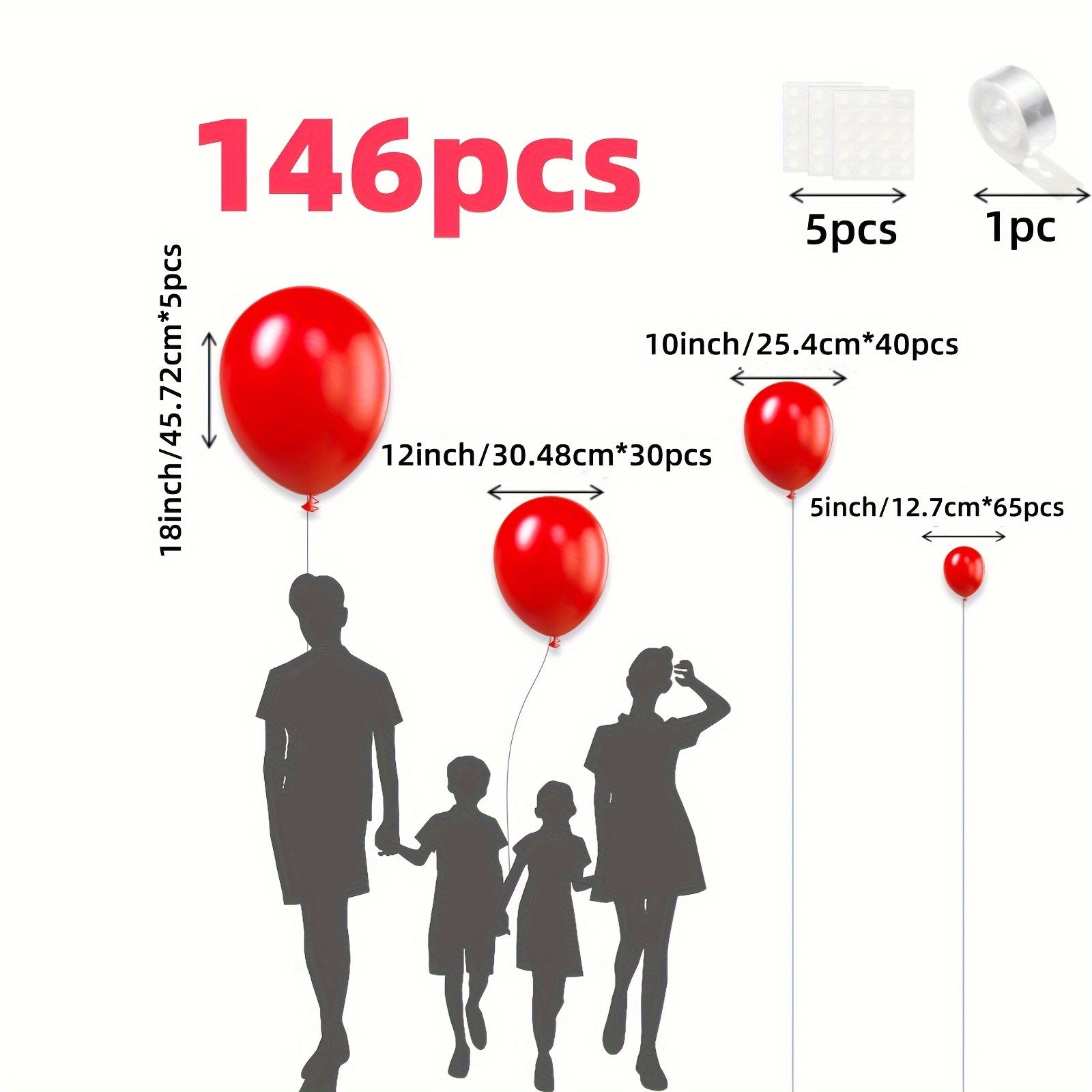 146pcs Matte Red Balloon Set - Assorted Sizes (18", 12", 10", 5") for Garland & Arch, Perfect for Valentine's Day, Weddings, Birthdays, Anniversaries, New Year's Celebrations - Indoor/Outdoor Decor with Tying Tool Included, L