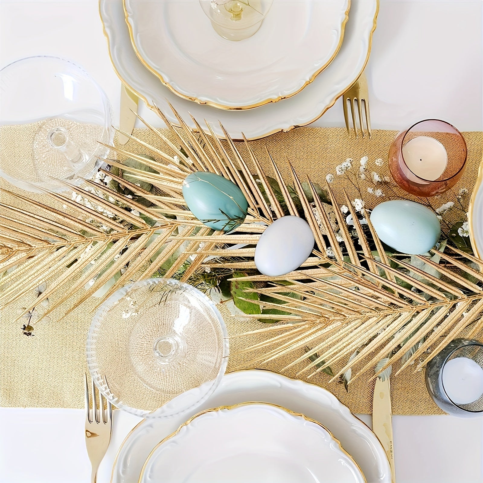 6pcs Golden Artificial Palm Leaves, 17" Fake Tropical Plant Faux Flowers For Indoor Outdoor Home Table Centerpiece Vase Filler Wedding Birthday Party  Halloween Gift