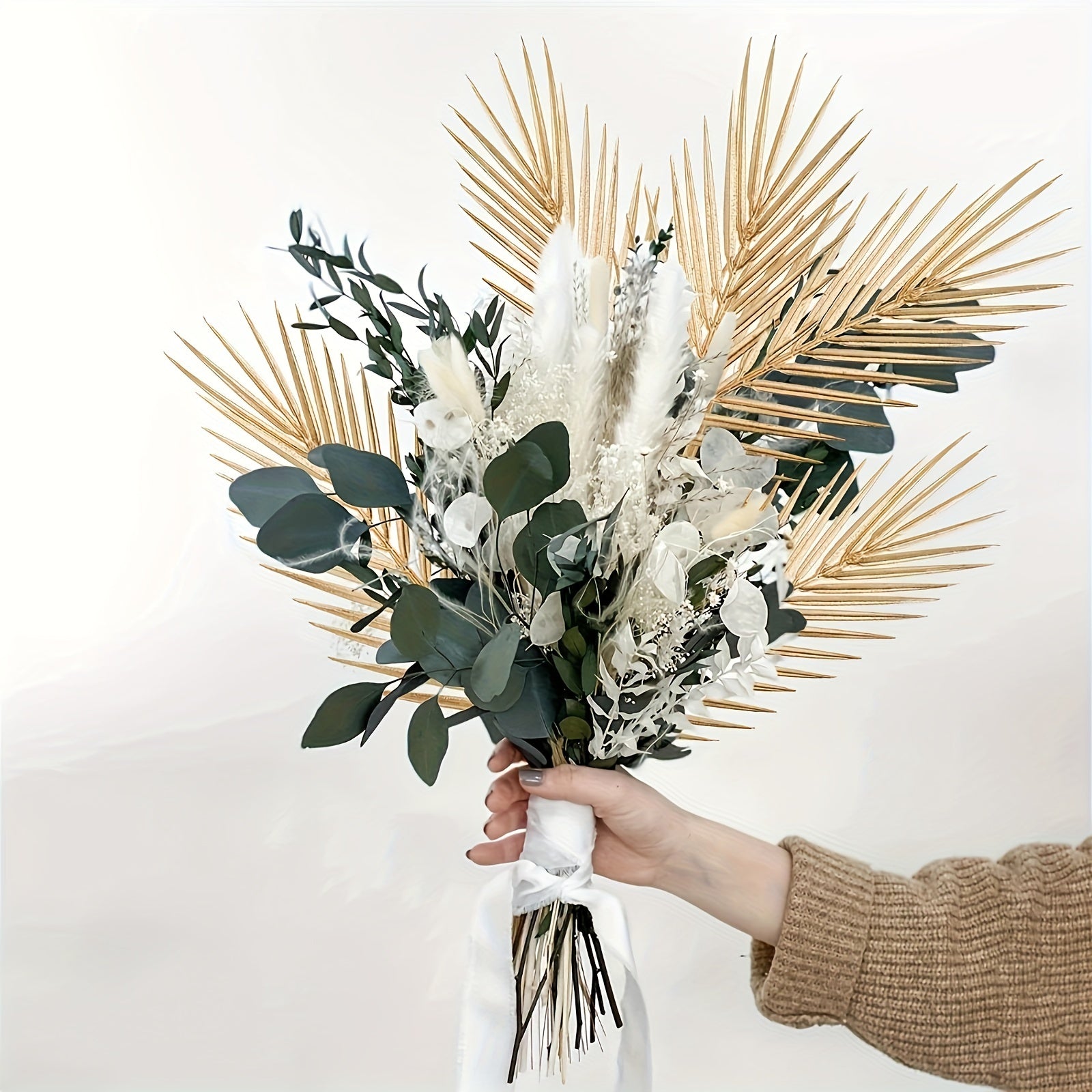 6pcs Golden Artificial Palm Leaves, 17" Fake Tropical Plant Faux Flowers For Indoor Outdoor Home Table Centerpiece Vase Filler Wedding Birthday Party  Halloween Gift