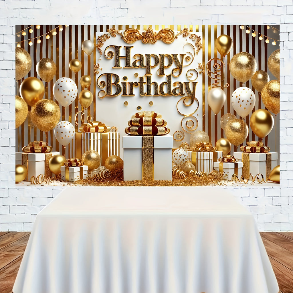 Golden & White Happy Birthday Banner - 70.87x43.31" Polyester Party Decoration Backdrop, Elegant Balloon Design Photography Prop, No Balloons Included