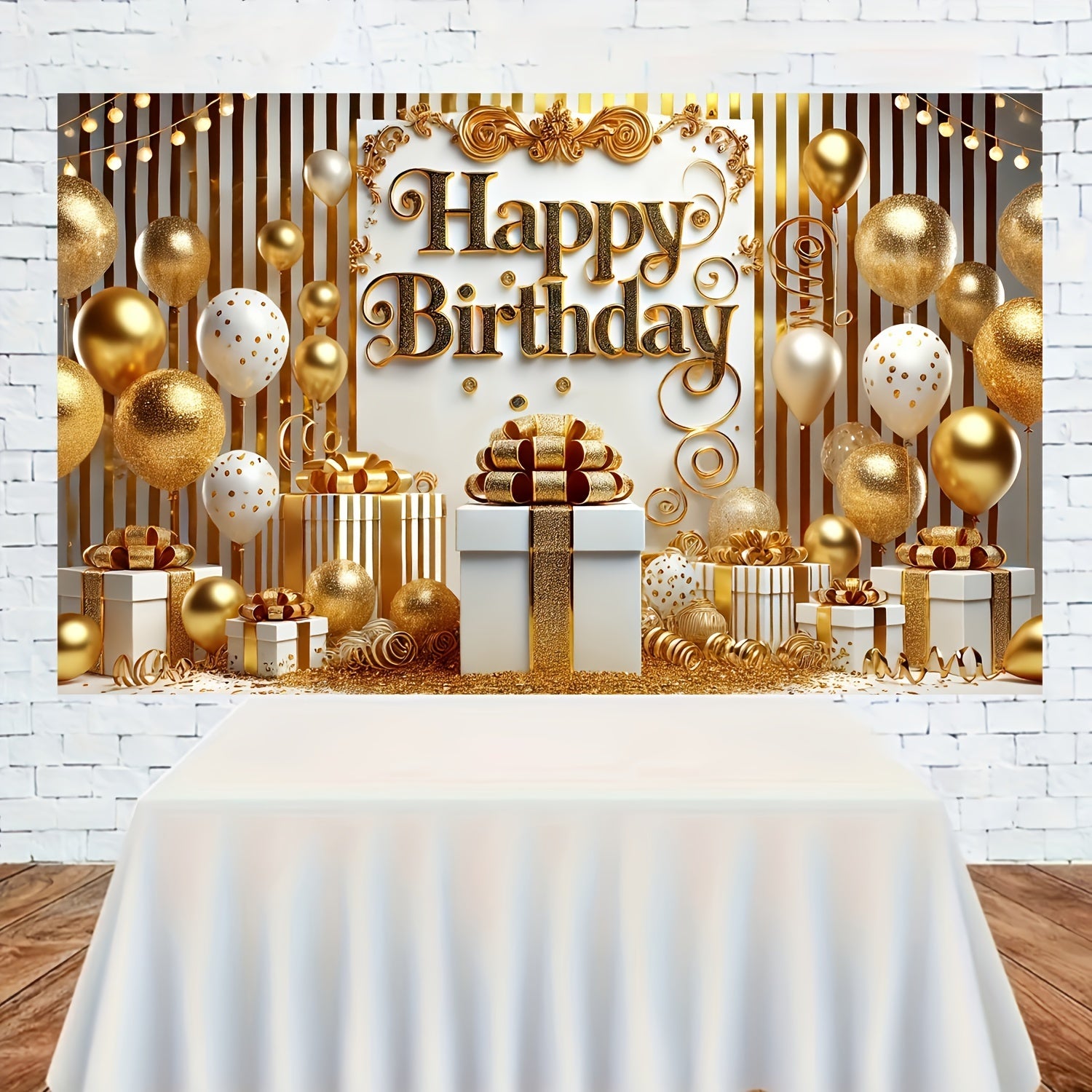 Golden & White Happy Birthday Banner - 70.87x43.31" Polyester Party Decoration Backdrop, Elegant Balloon Design Photography Prop, No Balloons Included