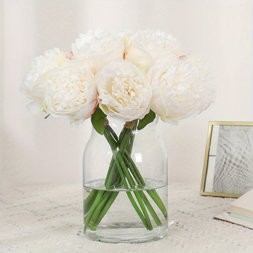 1 Bunch of 5 Handmade Peonies - Pink Artificial Flowers for Home Decor, Wedding Decorations, and Photography Props, Realistic Polyester Fabric, Perfect for Vases or Table Centerpieces, Seasonal Decoration | Realistic Floral A