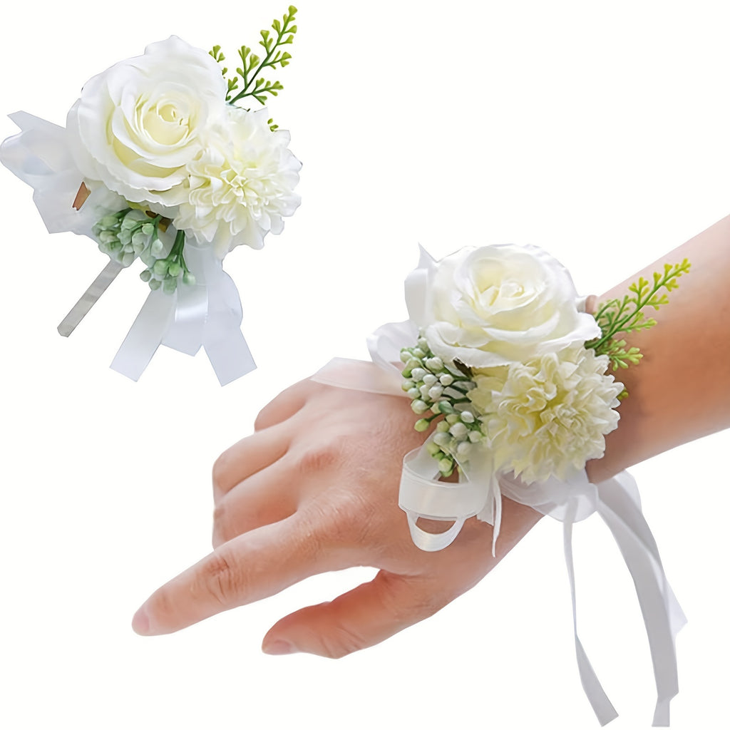 2pcs, Artificial Rose and Carnation Wrist Corsage Set for White Wedding and Prom Decorations