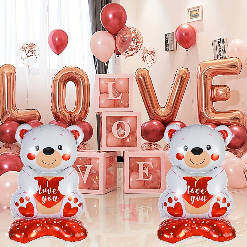 1pc Valentine's Day Teddy Bear Balloon Set with 58" Self-Sealing Heart Aluminum Balloons, "I Love You" Design - Ideal for Romantic Proposals, Weddings & Anniversaries, Valentines Decorations