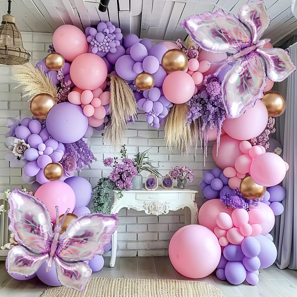 Mixed Color Aluminum Film Butterfly Themed Balloon Garland Kit - 172pcs with Curling Ribbon - Ages 14+, for Birthdays, Mother'S Day, and Seasonal Celebrations