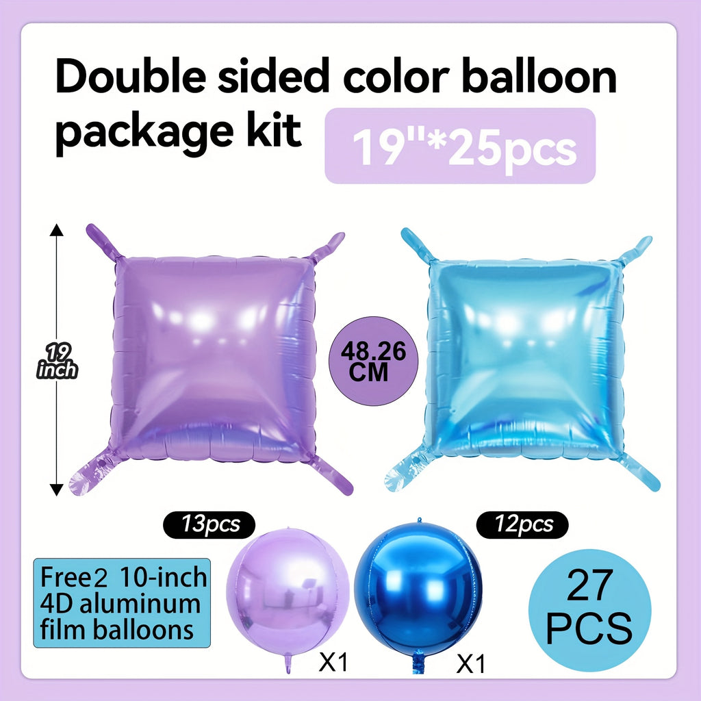 27 Pack, Blue And Purple Square Foil Balloons Wall, 19 Inch Double Sided Chrome Square Balloon Kit For Party, Princess Wedding, Anniversary, Birthday for party Decorations.