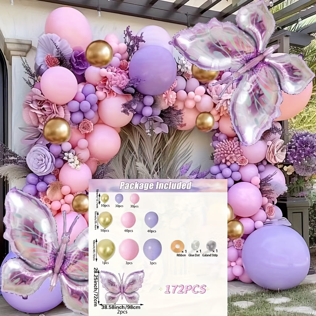 Mixed Color Aluminum Film Butterfly Themed Balloon Garland Kit - 172pcs with Curling Ribbon - Ages 14+, for Birthdays, Mother'S Day, and Seasonal Celebrations