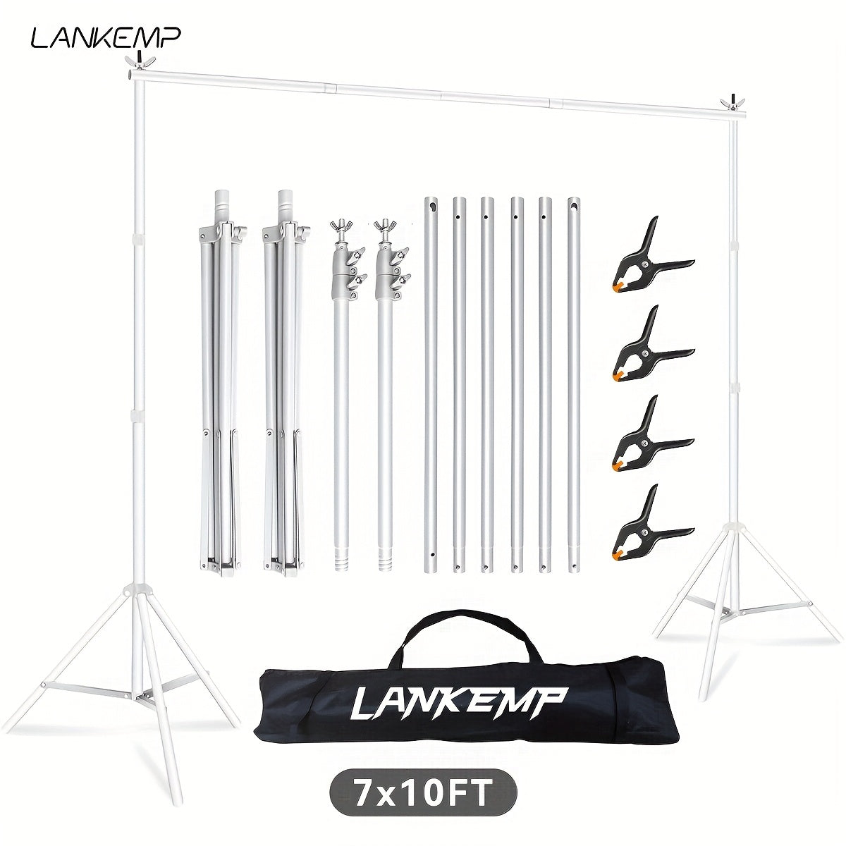 10x7 Ft Professional Background Stand | Adjustable Iron Metal Stand for Photo Studio, Includes 4 Cross Bars, 4 Background Clips, Balloon Arch Support Kit, Ideal for Party and Wedding Event Decoration