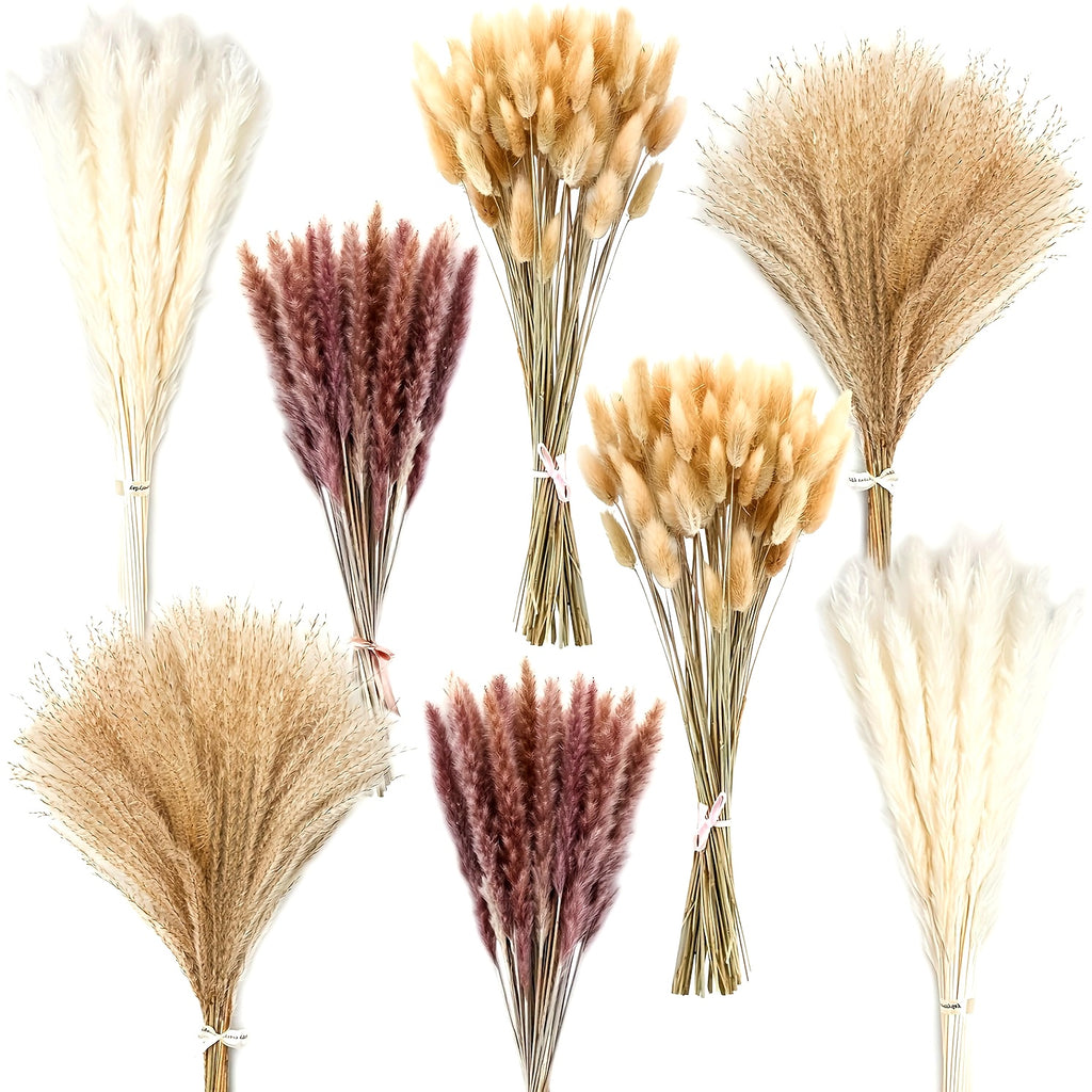 200pcs Artificial Pampas Grass Bundle - Includes 50 Decorations, 30 Natural Dried Feather Grass, 120 Natural Rabbit Tail Grass for Bohemian Table, Country Parties, Shower Decor, Wedding Party, and Home Decor
