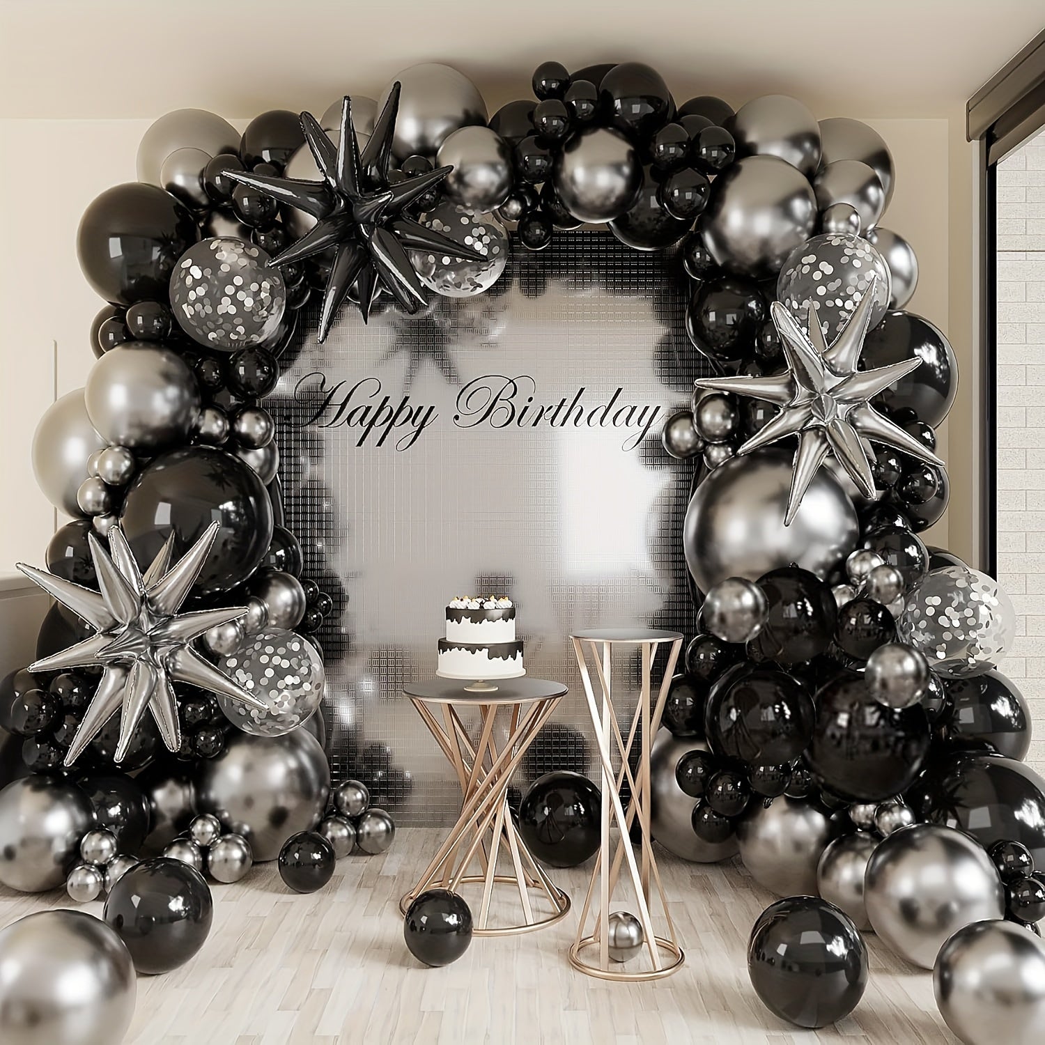 147/112pcs Luxe Balloon Arch Kit - Black, Golden & Silvery with Exploding Star Foil & Glitter Accents for Birthdays, Weddings, Anniversaries & Graduations - Versatile Indoor/Outdoor Party Decor