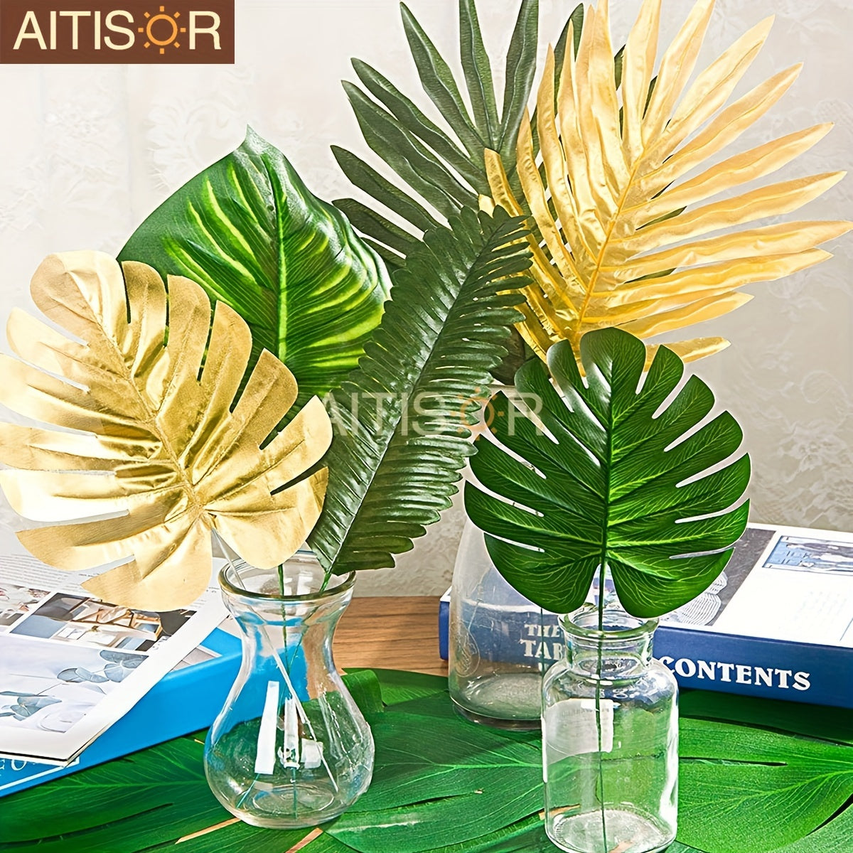 72pcs 10 Kinds Artificial Tropical Palm Leaves Tropical Leaves Monstera Leaves Safari Jungle Leaf with Stems for Hawaiian Luau Party Beach Table Wedding Shower Birthday Theme Decorations