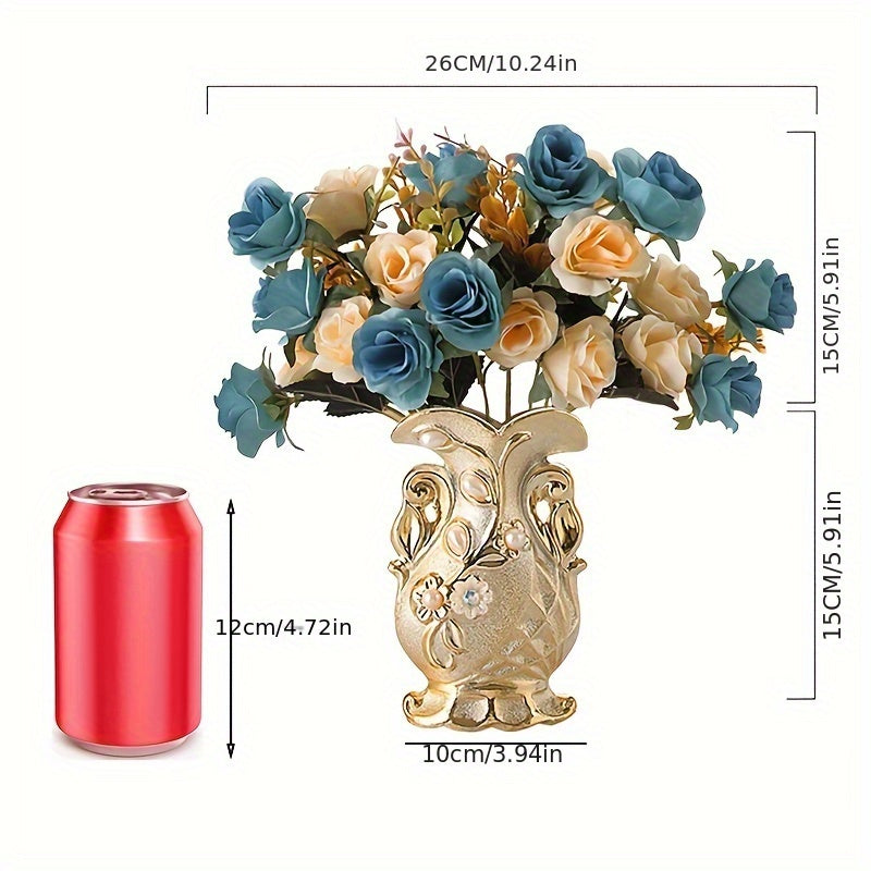 A Set of Artificial Roses with a Golden Ceramic Decorative Vase, Including a Small Vase, Two Bundles of Artificial Flowers, And a Flower Mat, Suitable for Decorating Dining Tables, Weddings, Bedrooms, Hotels, Restaurants, Bar