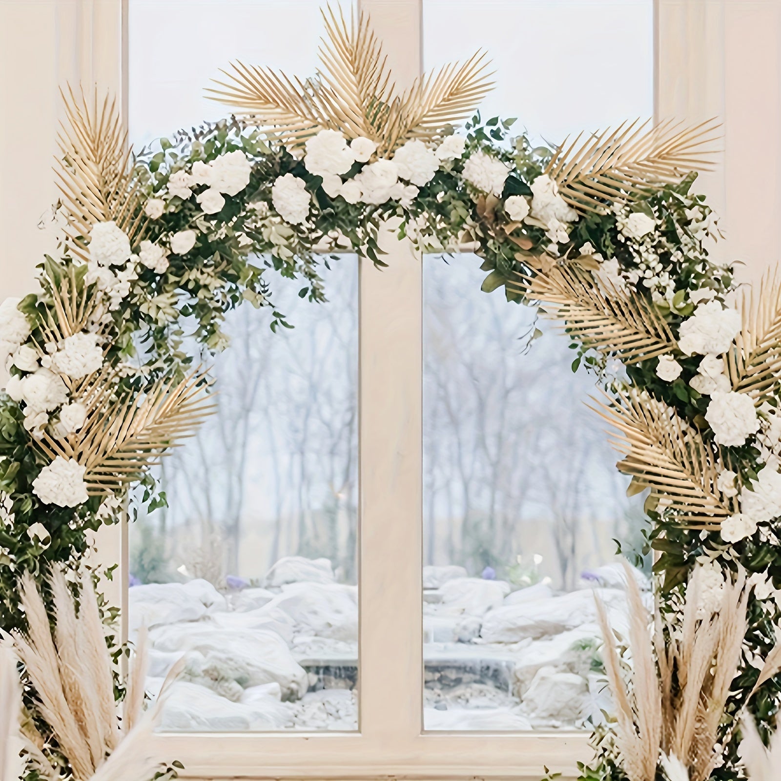 6pcs Golden Artificial Palm Leaves, 17" Fake Tropical Plant Faux Flowers For Indoor Outdoor Home Table Centerpiece Vase Filler Wedding Birthday Party  Halloween Gift