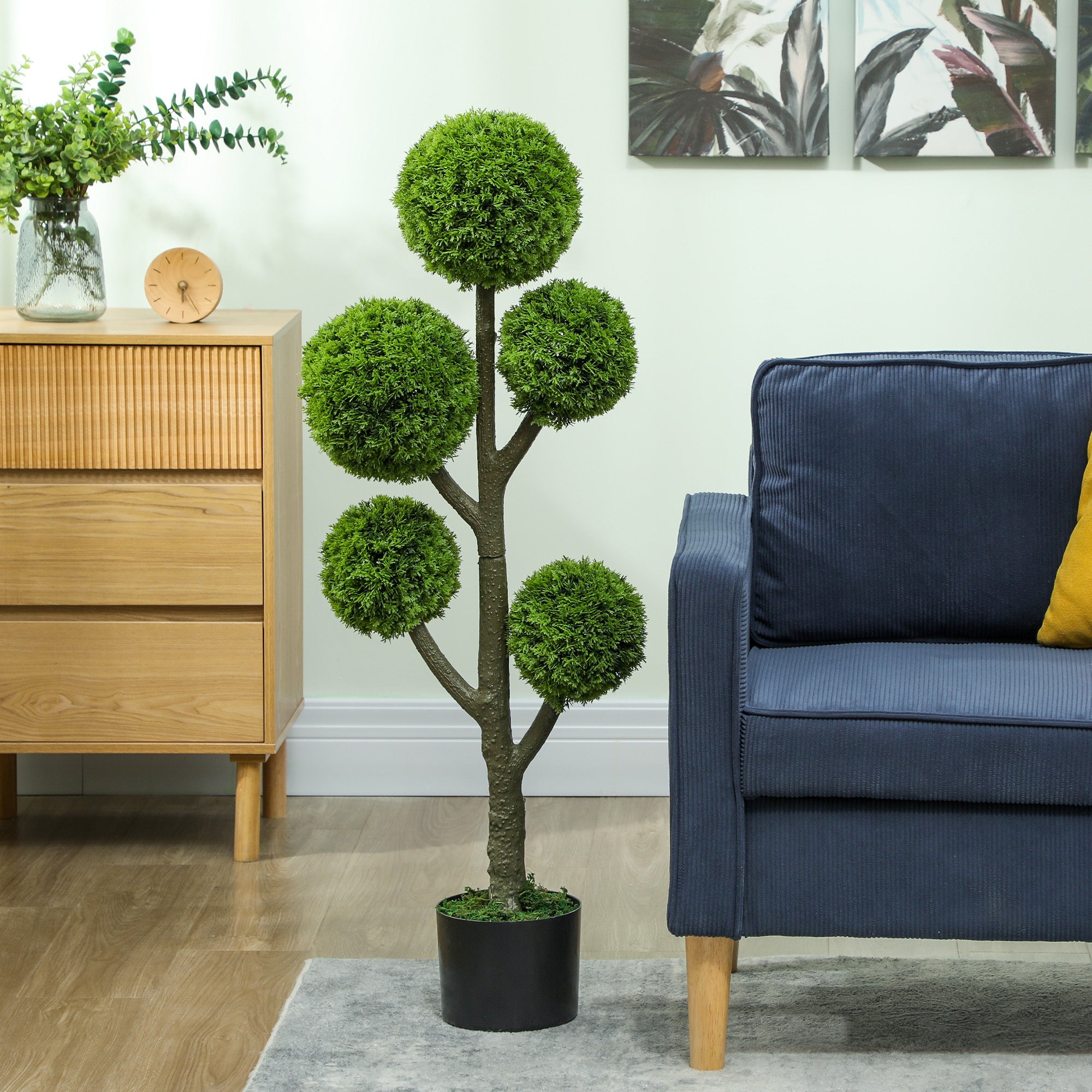 HOMCOM Decorative Artificial Plant, Topiary Five-ball Cypress Tree in Pot, Fake Plant for Home Indoor outdoor Decor, 43.3 Inch, Green