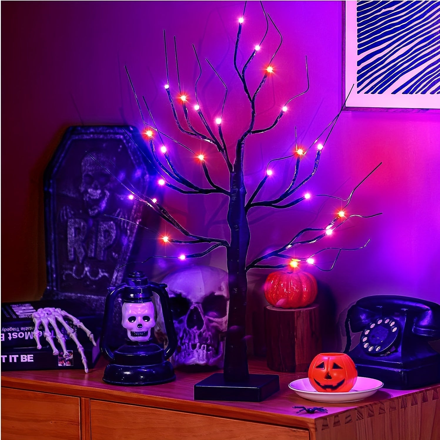 1pc 2FT Orange And Purple Lighting Halloween Decorative Tree Lights With Timer 24 LED Branch Tree Lights In Total, USB And Battery Powered, Artificial Black Desktop Ghost Tree Lights, Indoor Home Party Decoration