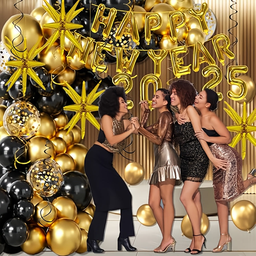 156pcs Black & Golden Balloon Arch Kit - 2025 Happy New Year Numbers, Alphabet & Exploding Star Balloons for New Year's Eve Party, Christmas Decor, Family Gathering Backdrop & Photo Props