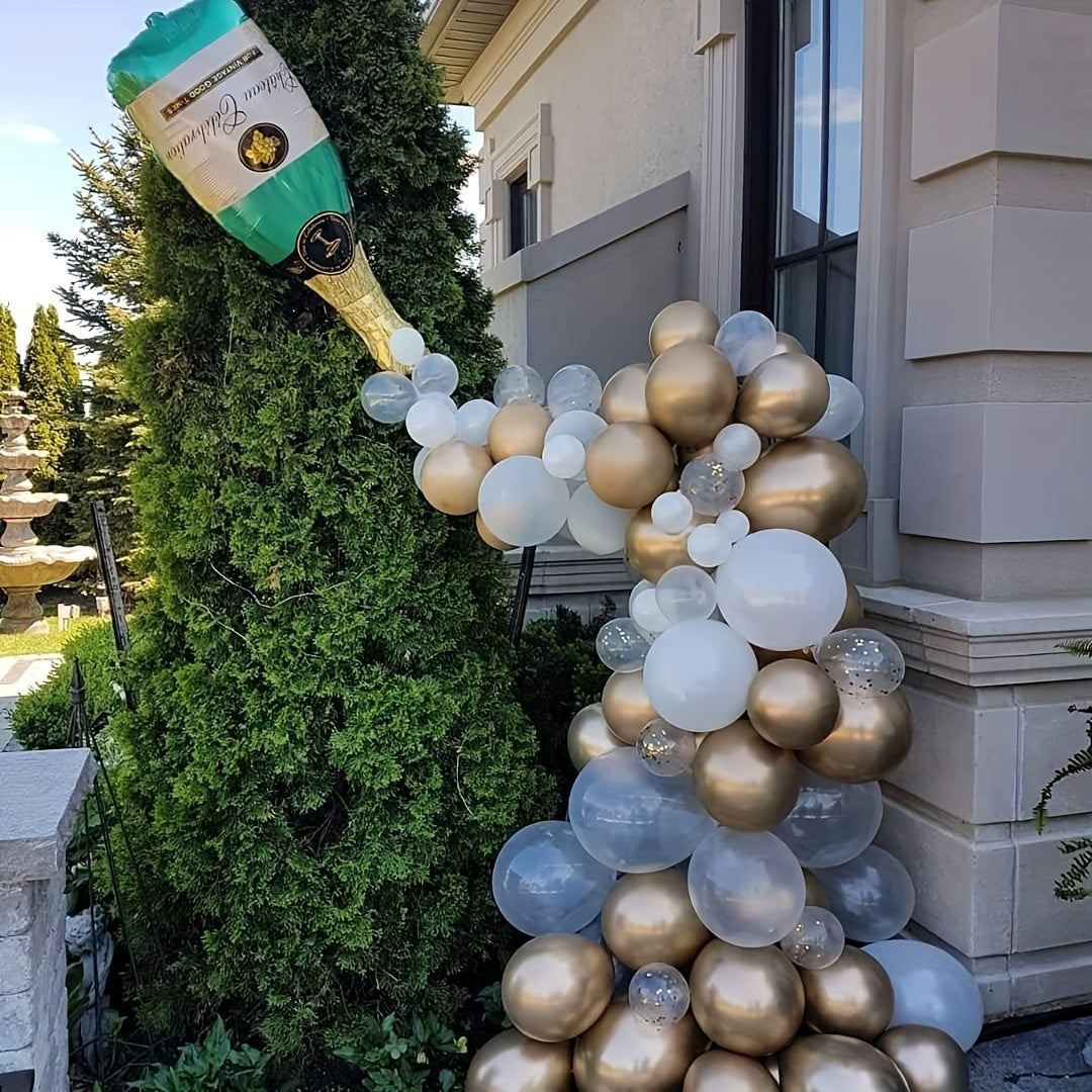 88pcs Shimmering Champagne Bottle Balloon Garland Arch Kit - Festive New Year Decorations - Golden & Silvery Transparent Balloons for Birthday, Wedding, and Anniversary Celebrations