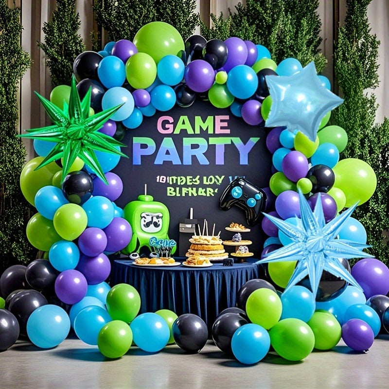 Game Themed Balloon Arch Set, 127pcs Blue, Green, Black, Purple Latex Balloons (18/10/5 Inches), Equipped with Explosive Star (22 Inches), Gamepad Foil Balloons, Suitable for Birthday Parties, Bachelor Parties